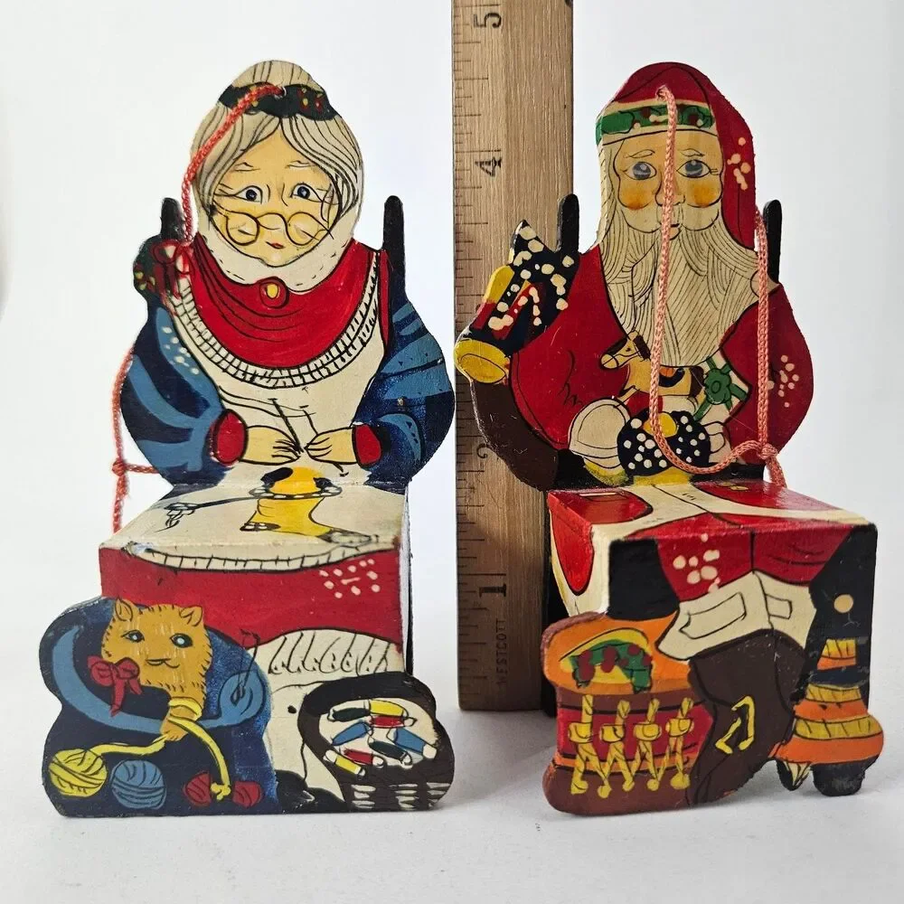 Vintage Hand Painted Wooden Santa & Mrs Claus Figurines Christmas Decor Set